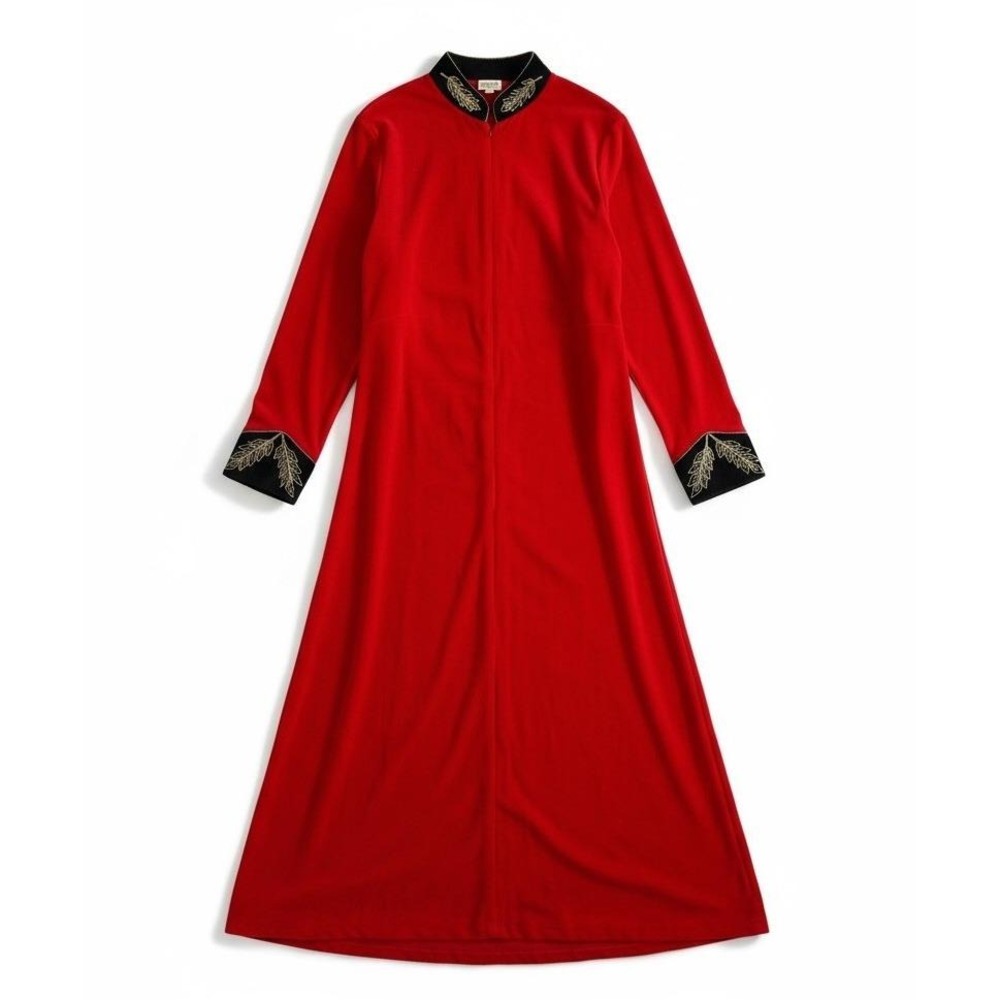Vintage Davero Red Velour Maxi Caftan Dress Women's XL 1/4 Zip Gold Embroidery